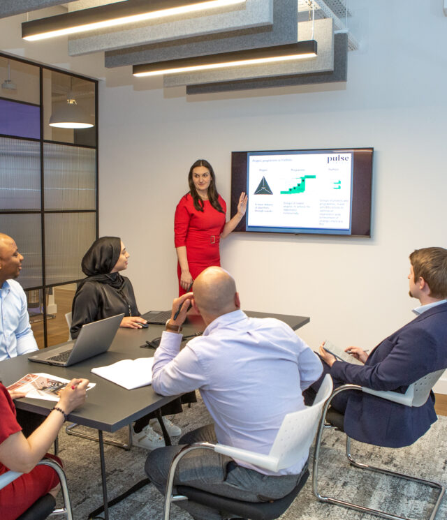 Woman in red dress standing in front of a wall mounted TV presenting in to two women and three man sat round a board room table.